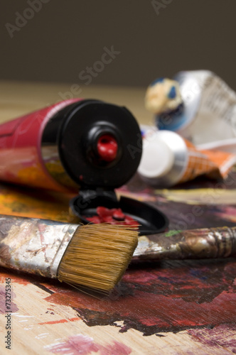 Artist Brushes and Red Paint photo