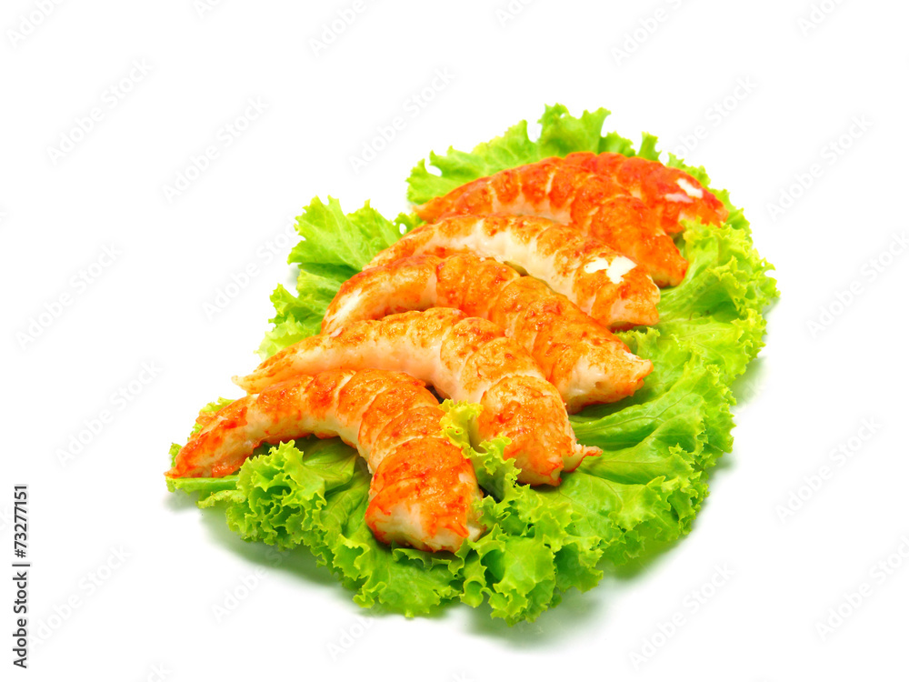 red shrimps tails with green fresh origanum and lettuce red shrimps tails with green fresh origanum and lettuce