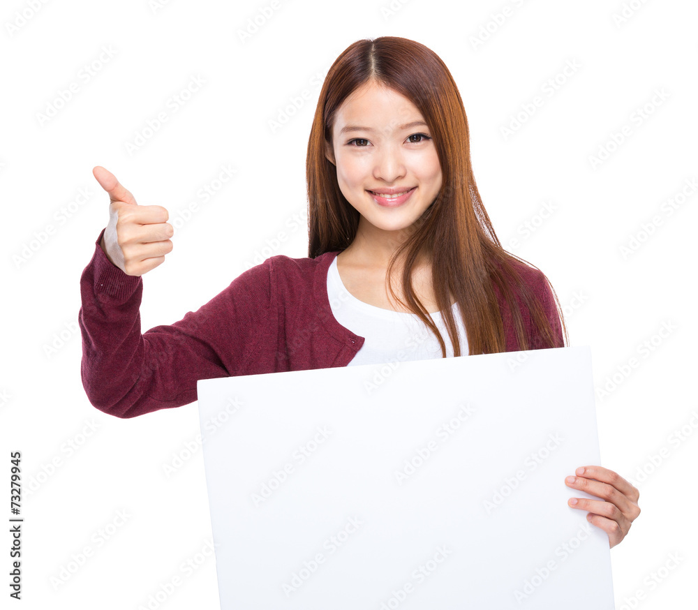 Woman with white banner and thumb up Woman with white banner and thumb up
