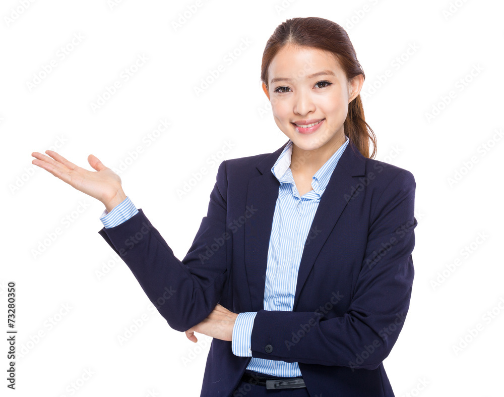 Businesswoman with open hand palm Businesswoman with open hand palm