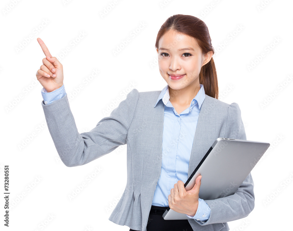 Businesswoman with laptop and finger up Businesswoman with laptop and finger up