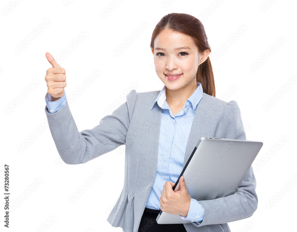 Businesswoman with laptop and thumb up Businesswoman with laptop and thumb up
