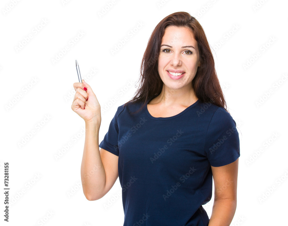 Woman with pen point up