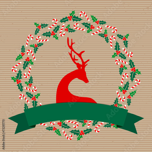 Xmas Wreath Reindeer Holly Candy Cane Green Banner Brown Paper