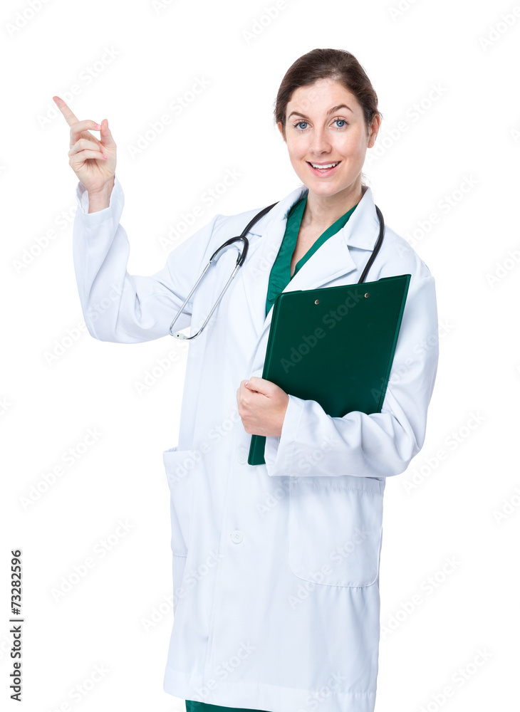 Brunette woman doctor with clipboard and finger up Brunette woman doctor with clipboard and finger up