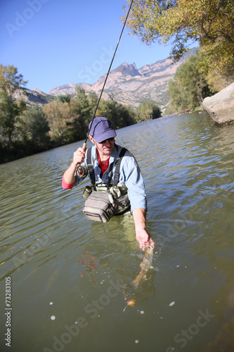 Closeup of fly fisherman releasing trout in river