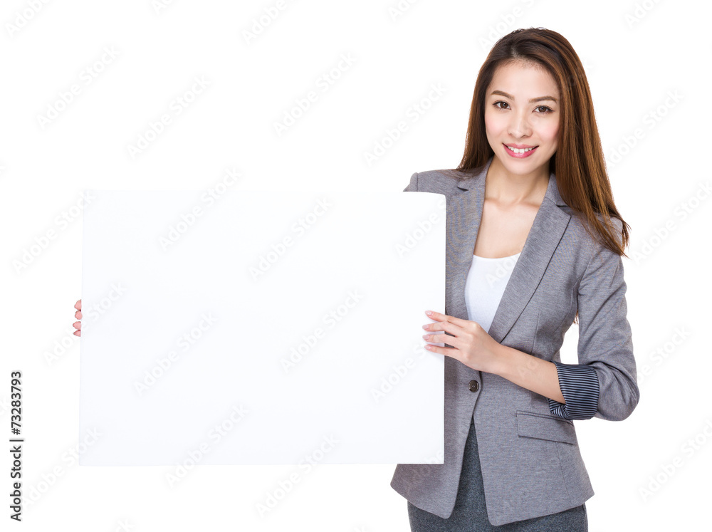 Businesswoman show with white card board Businesswoman show with white card board