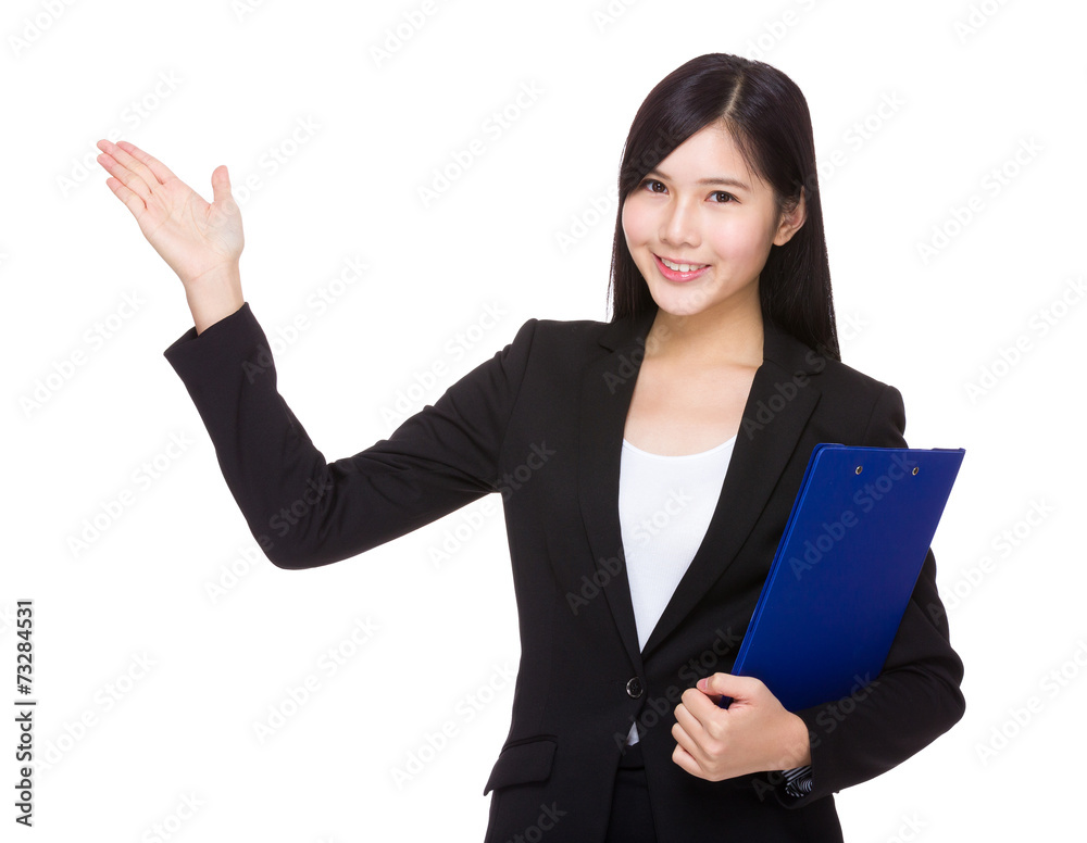 Businesswoman with clipboard and open hand palm Businesswoman with clipboard and open hand palm
