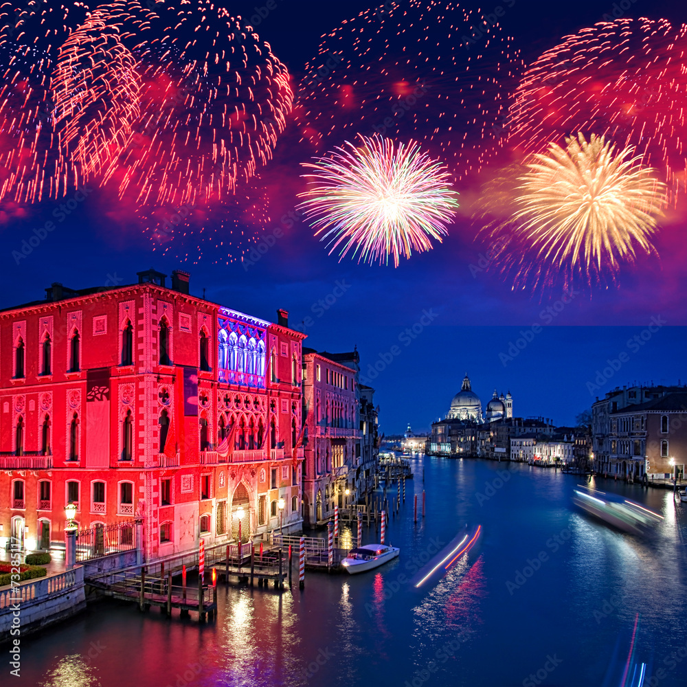Naklejka premium Pink and red lights with fireworks over the Grand Canal of Venice at night, Italy