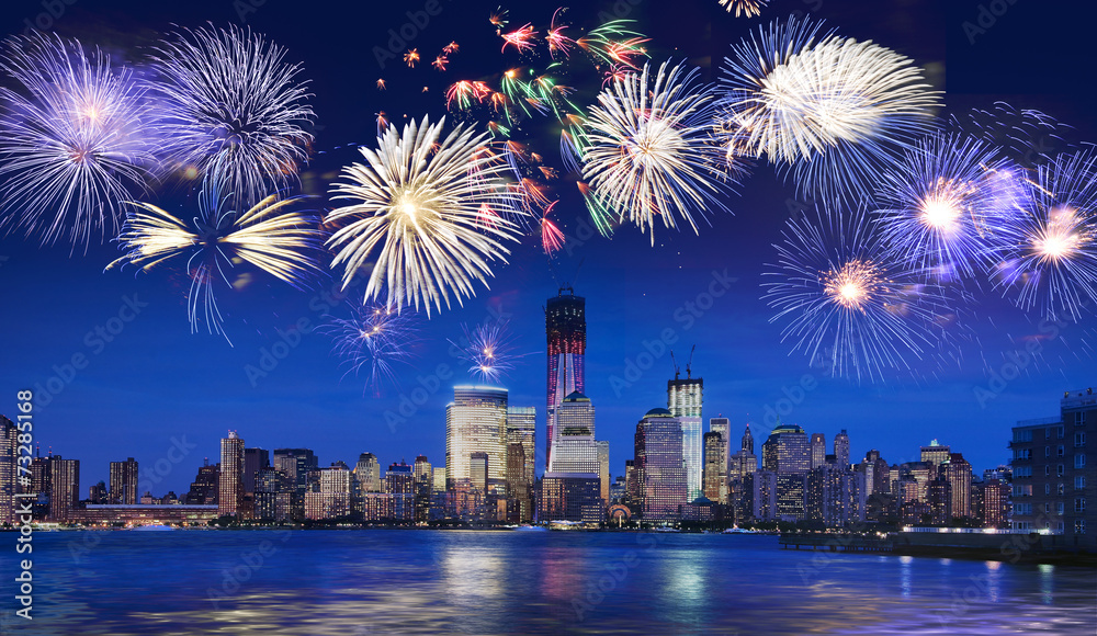 New York skyline at night with fireworks - obrazy, fototapety, plakaty 