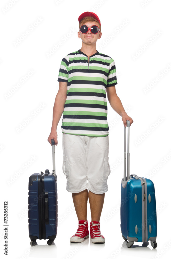 Funny man with suitcase isolated on white Funny man with suitcase isolated on white