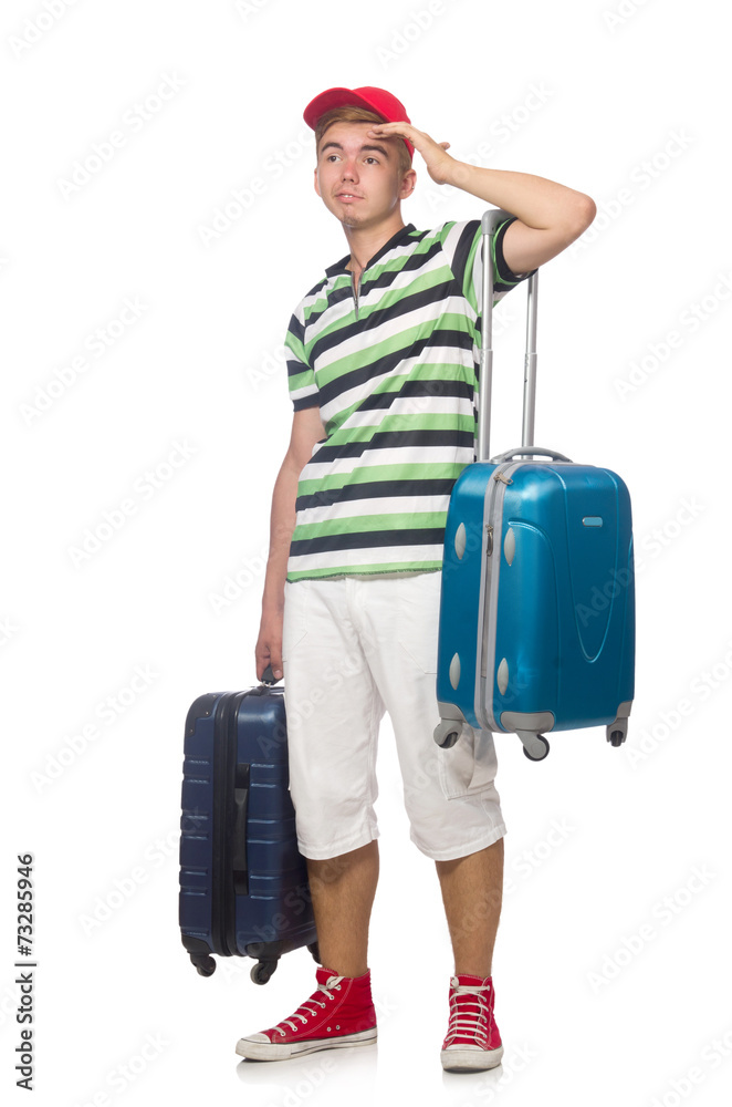 Funny man with suitcase isolated on white Funny man with suitcase isolated on white