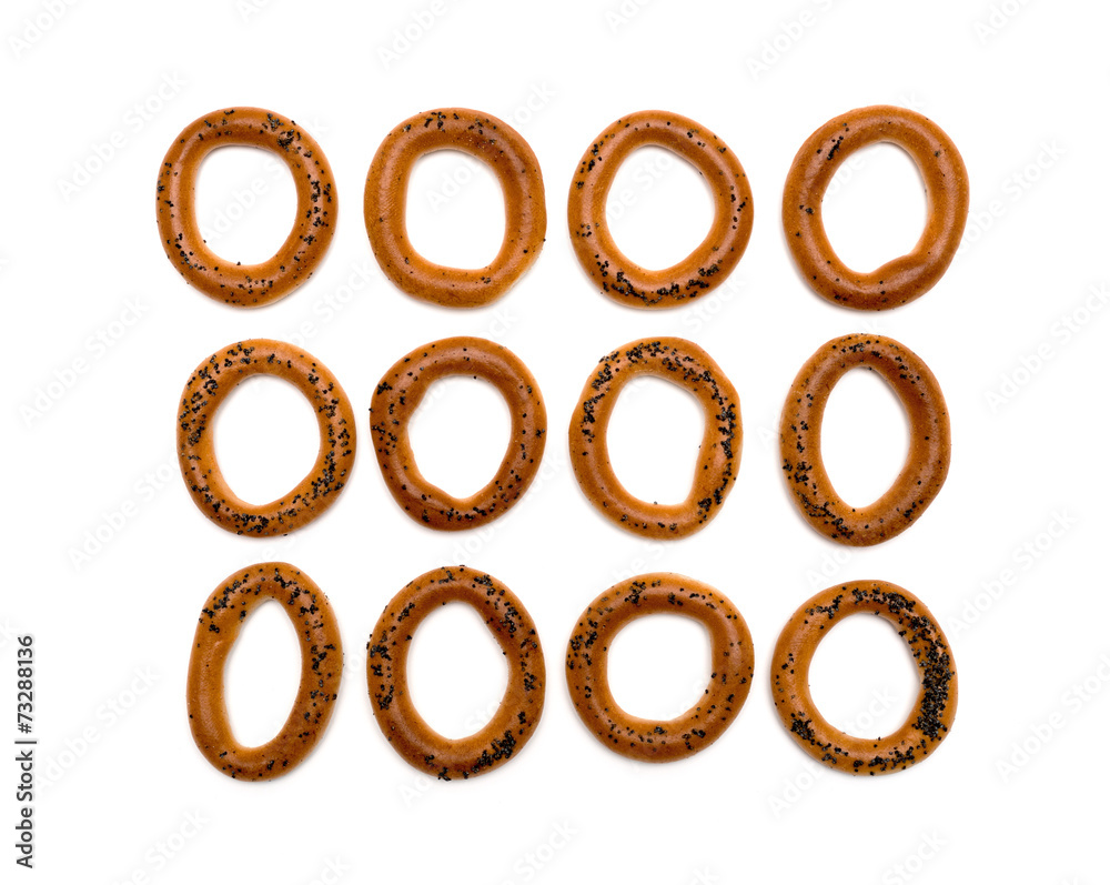 Ring bagels on a white background
