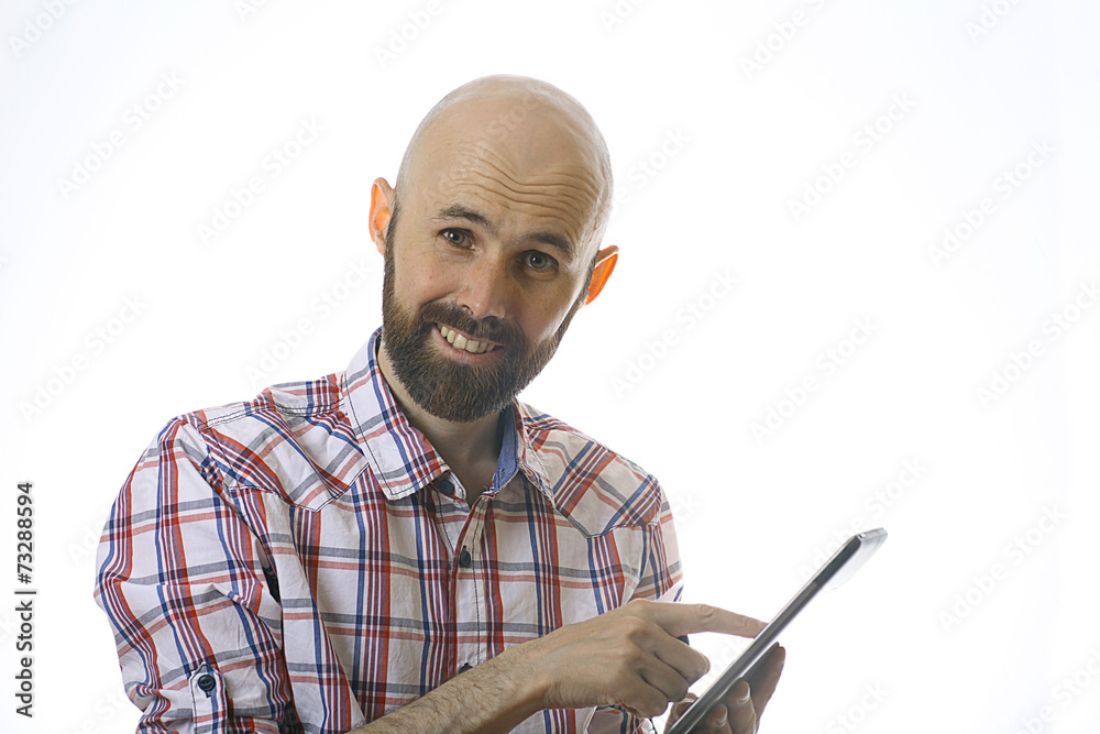 man with tablet white background man with tablet white background