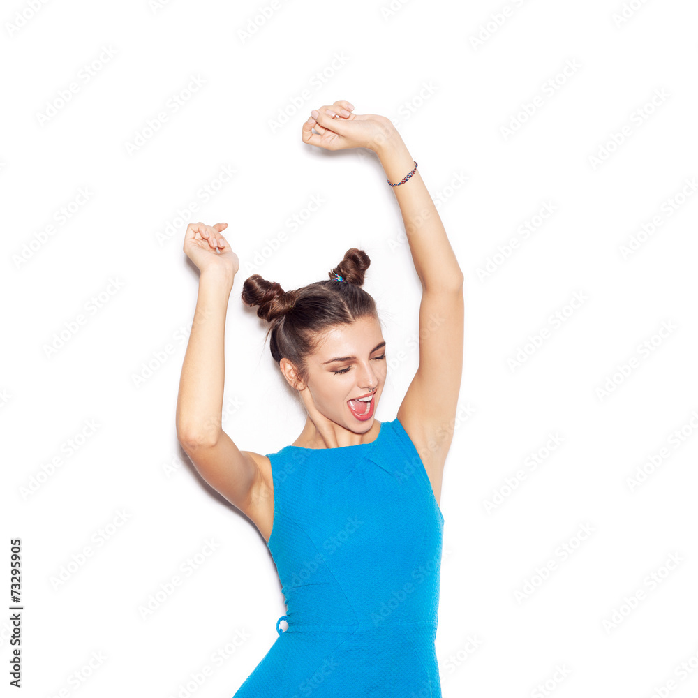 Close-up portrait of young happy woman dancing Close-up portrait of young happy woman dancing