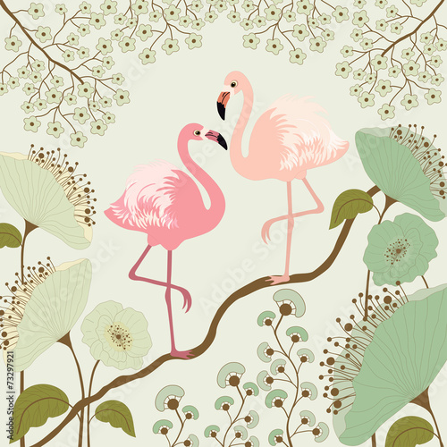 Floral background with flamingos