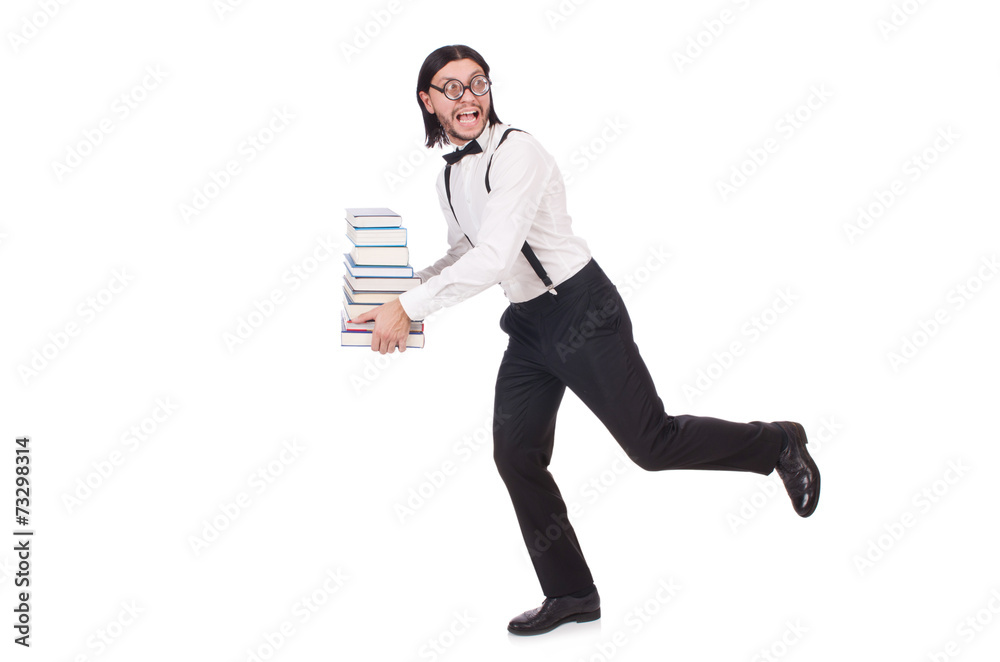 Funny student with books isolated on white Funny student with books isolated on white