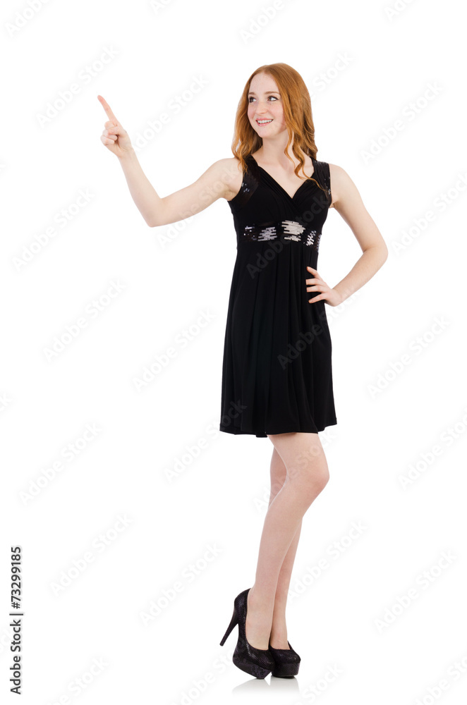 Woman pressing virtual button isolated on white Woman pressing virtual button isolated on white