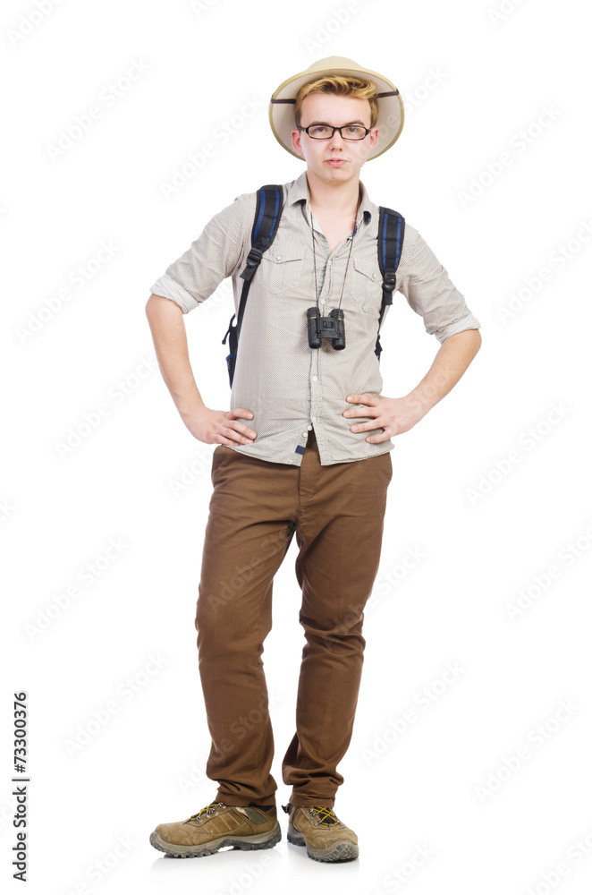 Man in safari hat in hunting concept