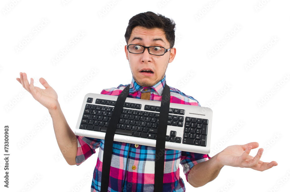 Computer nerd with keyboard isolated on white Computer nerd with keyboard isolated on white