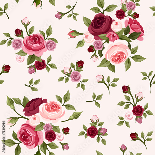 Seamless pattern with red and pink roses. Vector illustration.