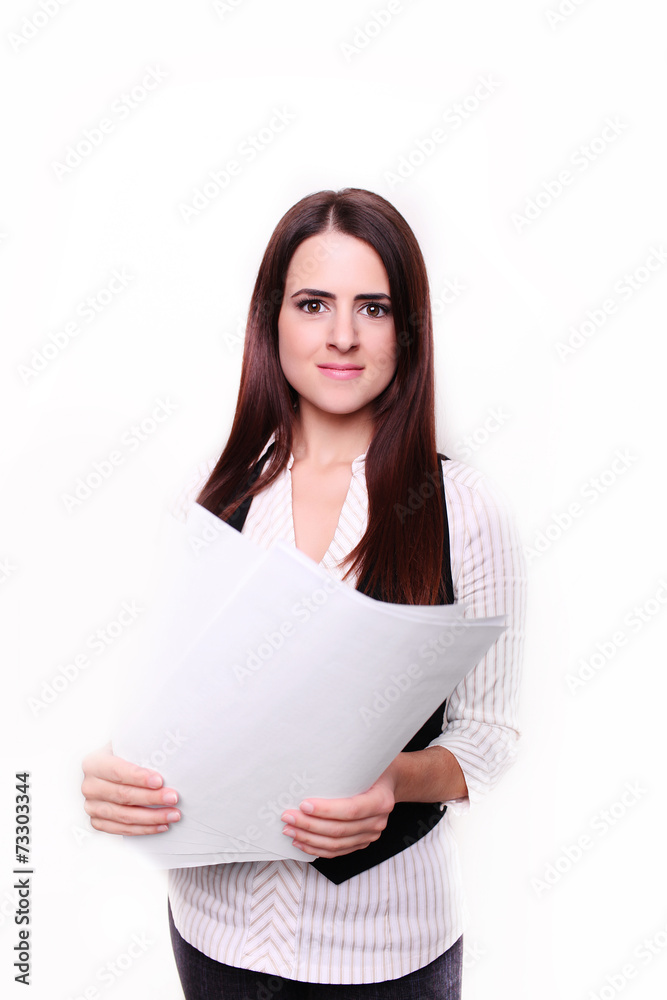 Fototapeta premium portrait of business woman keeping document, isolated on white.