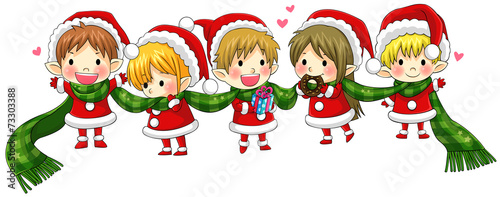Cute Christmas elves tie together with a long scarf (vector)