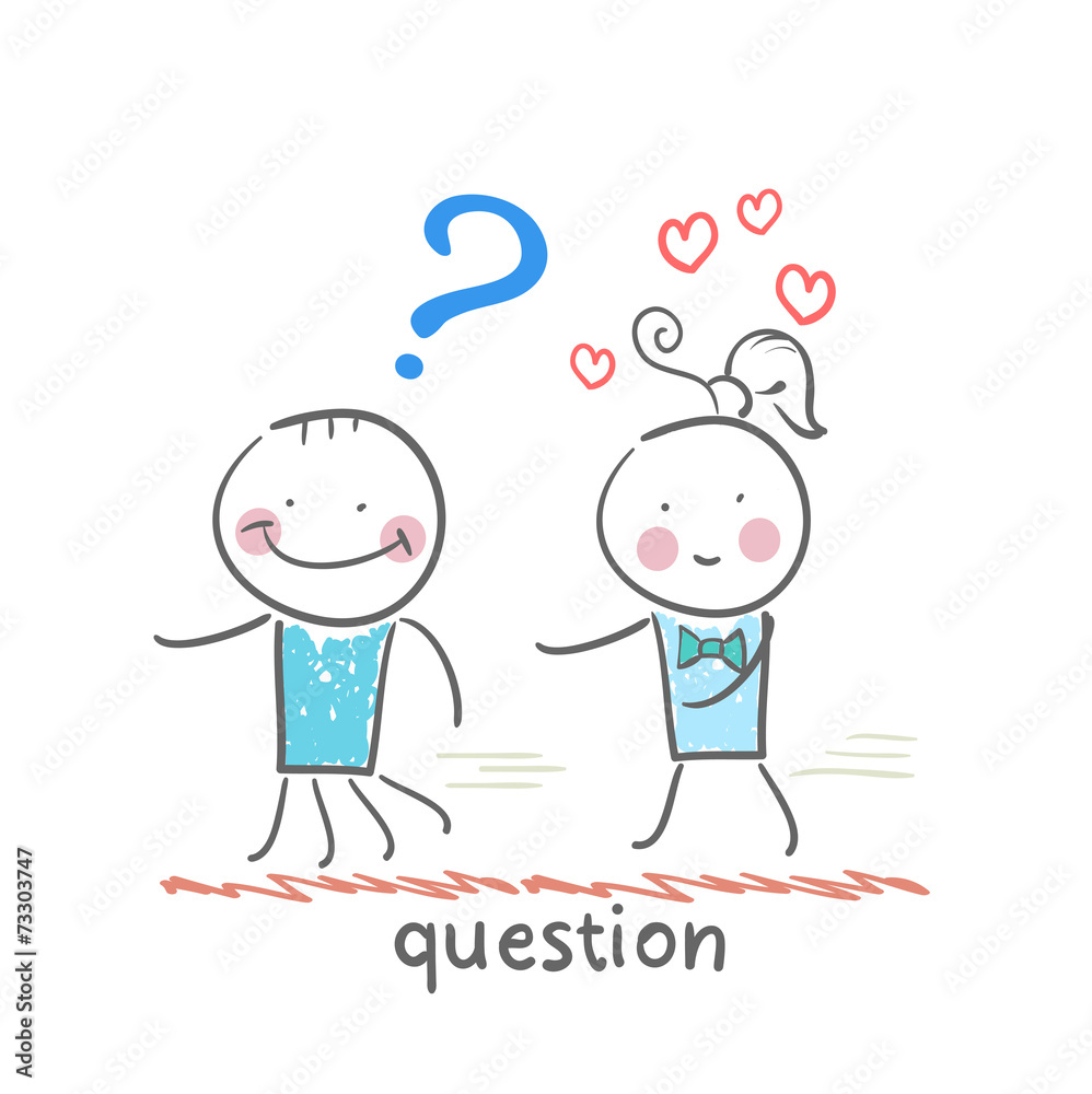 man with a question mark running away from a girl in love man with a question mark running away from a girl in love