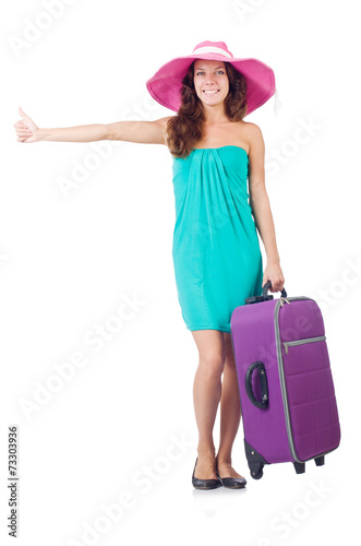 Woman with luggage isolated on the white