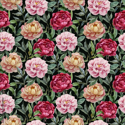 Beautiful vector watercolor pattern with peonies on black fon3