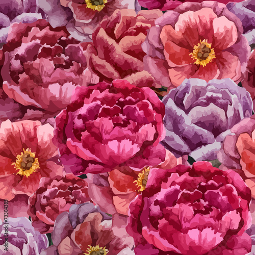 Beautiful vector watercolor pattern with peonies on white fon