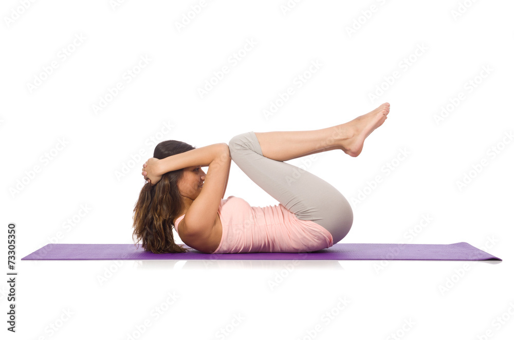 Young woman doing sport exercises isolated on white Young woman doing sport exercises isolated on white