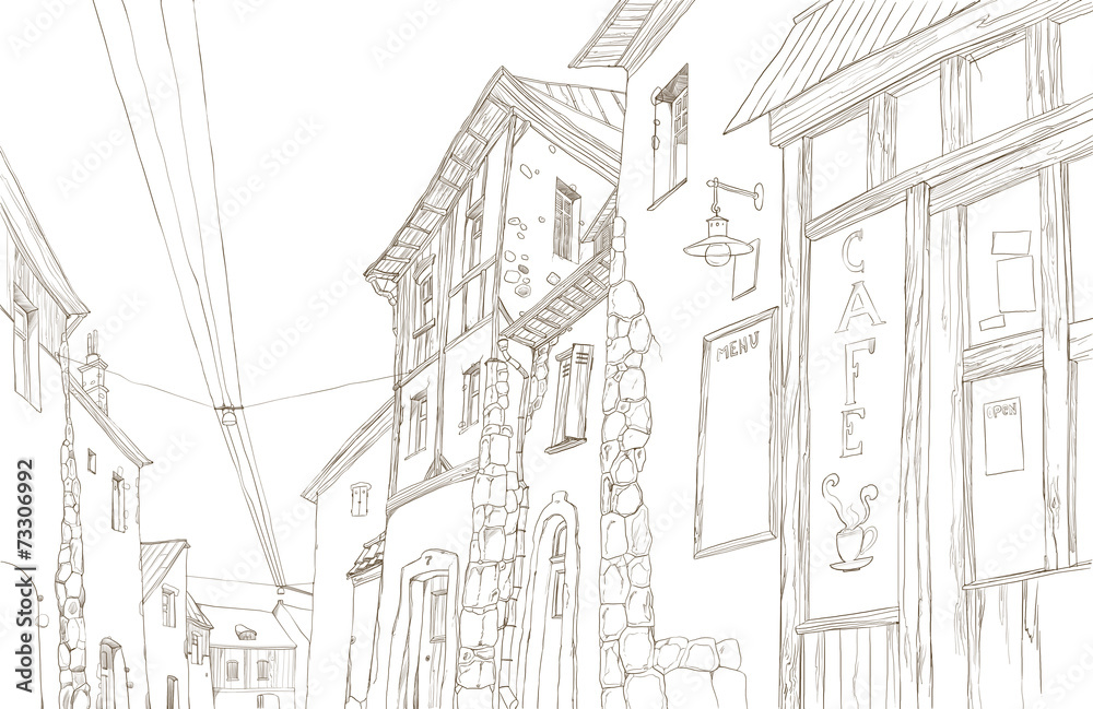 Obraz premium Graphic sketch depicting traditional urban European landscape