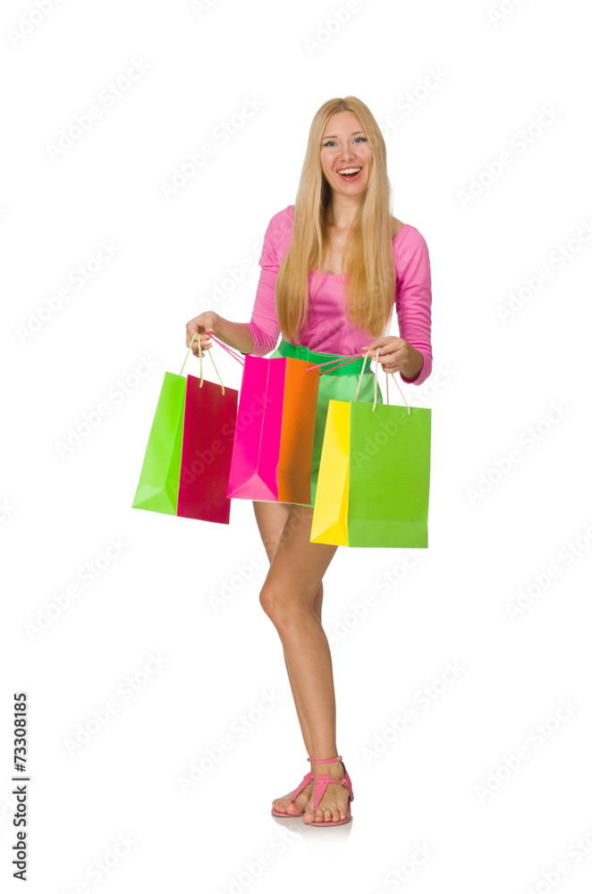 Woman with shopping bags isolated on white