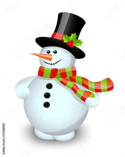 Snowman in a striped scarf on a white background