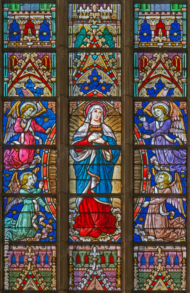 Bruges - Virgin Mary on windowpane in St. Salvator's church