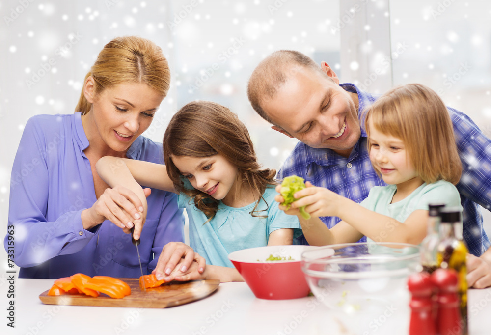 happy family with two kids making dinner at home happy family with two kids making dinner at home