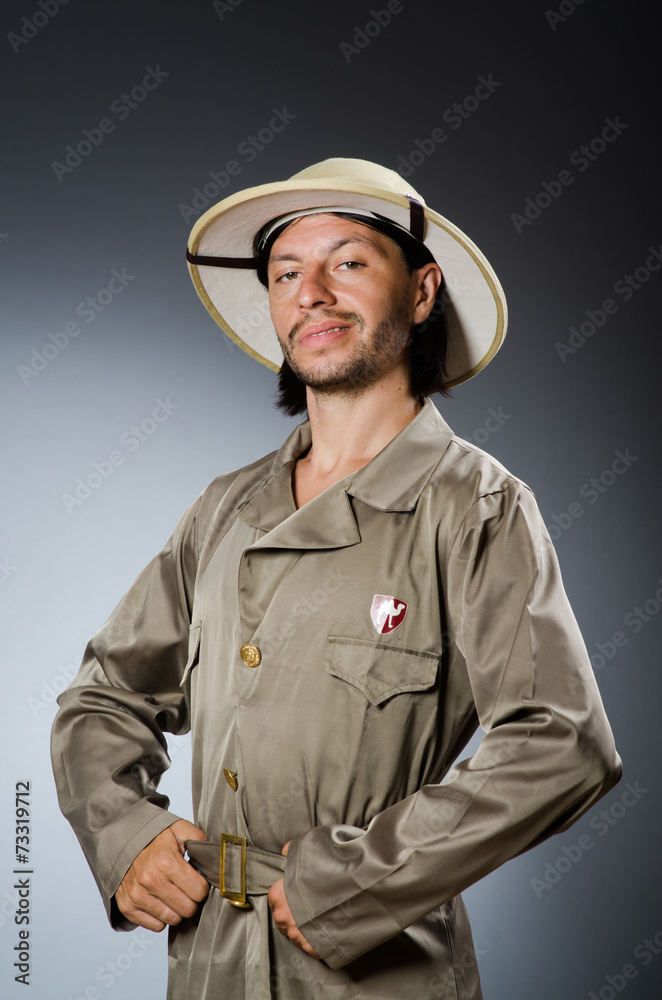 Funny safari hunter against background Funny safari hunter against background