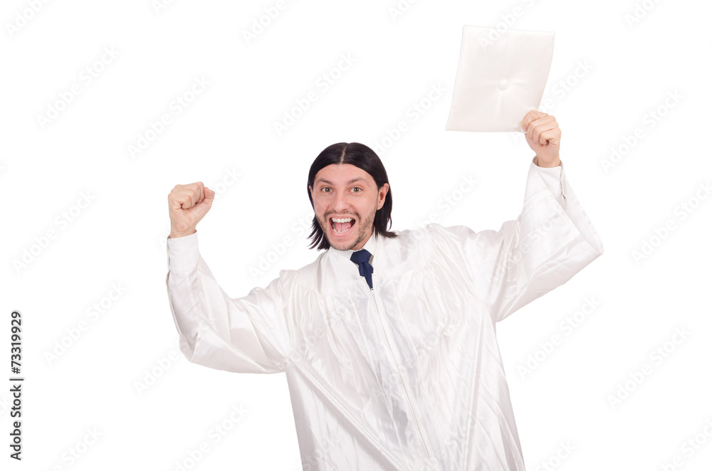 Young male student graduated from high school on white Young male student graduated from high school on white
