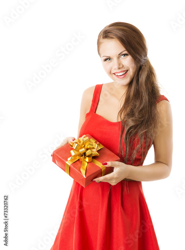 Woman Present Gift Box, Girl In Red Dress Celebrate Birthday