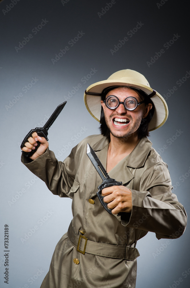 Funny safari hunter against background Funny safari hunter against background