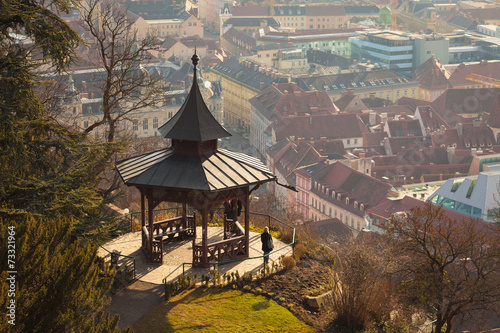 View of gazebo on Schlossberg hill on top of Graz city