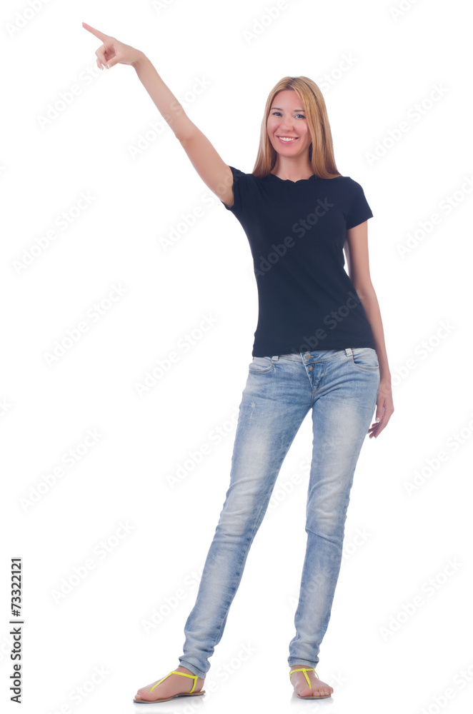 Woman pressing virtual button isolated on white Woman pressing virtual button isolated on white