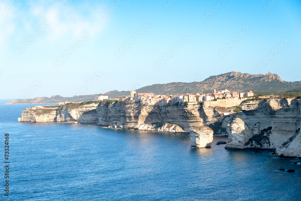 Bonifacio and its white cliff at sunrise, Corsica, France