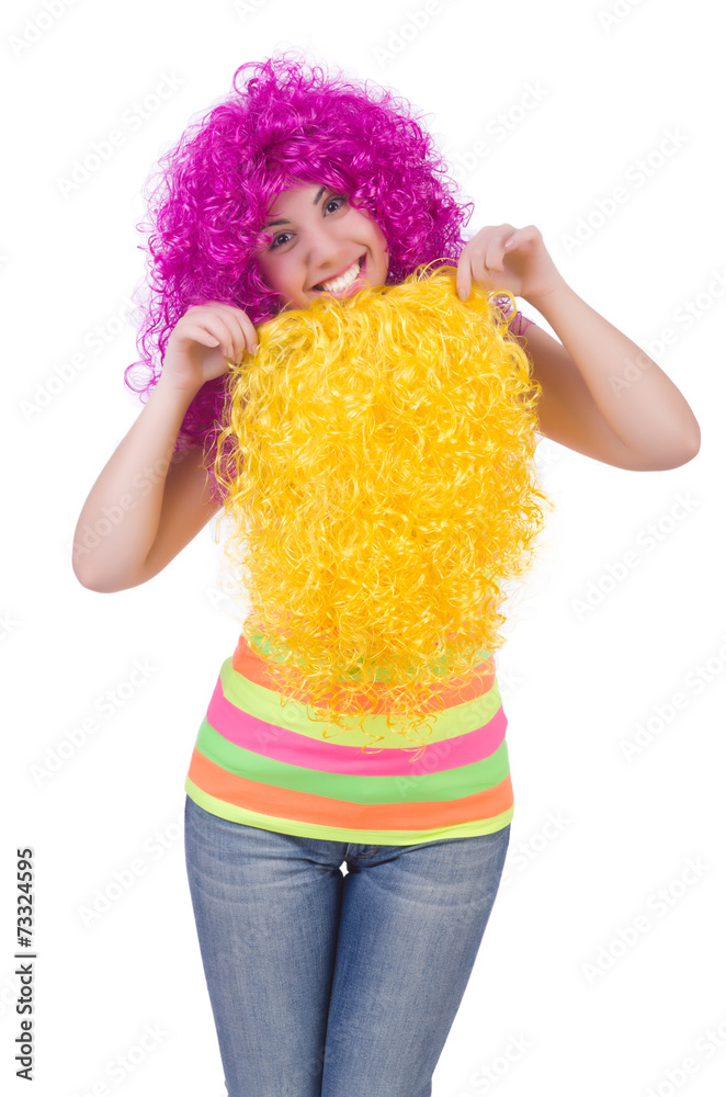 Woman with colourful wig isolated on white Woman with colourful wig isolated on white