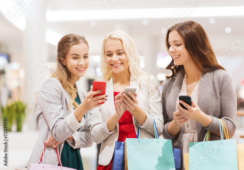 happy women with smartphones and shopping bags