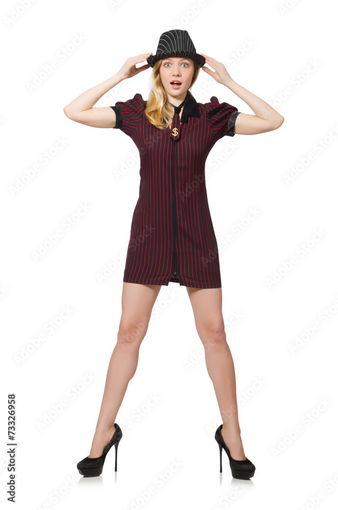 Woman dressed as gangster isolated on white Woman dressed as gangster isolated on white