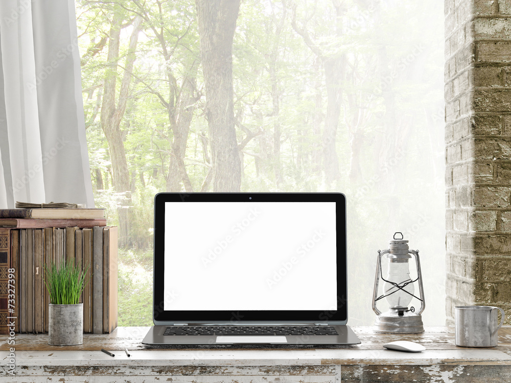 Fototapeta premium Mock up Laptop, Outdoor view,