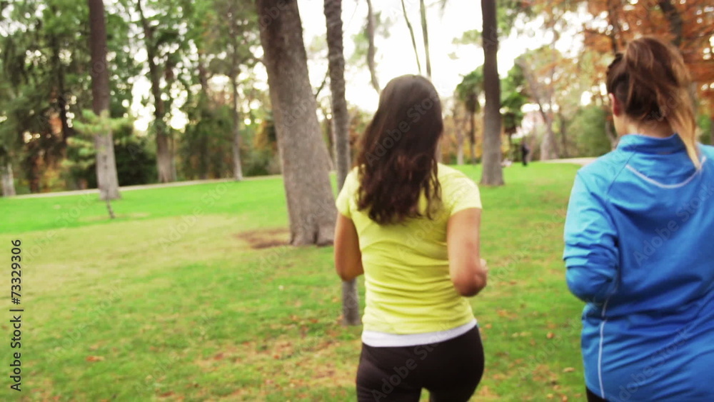 Happy women smiling to the camera while jogging in the park, ste Happy women smiling to the camera while jogging in the park, ste