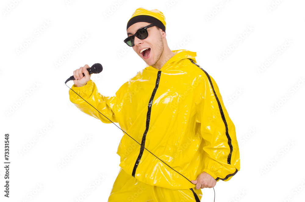 Funny performer with mic isolated on the white Funny performer with mic isolated on the white